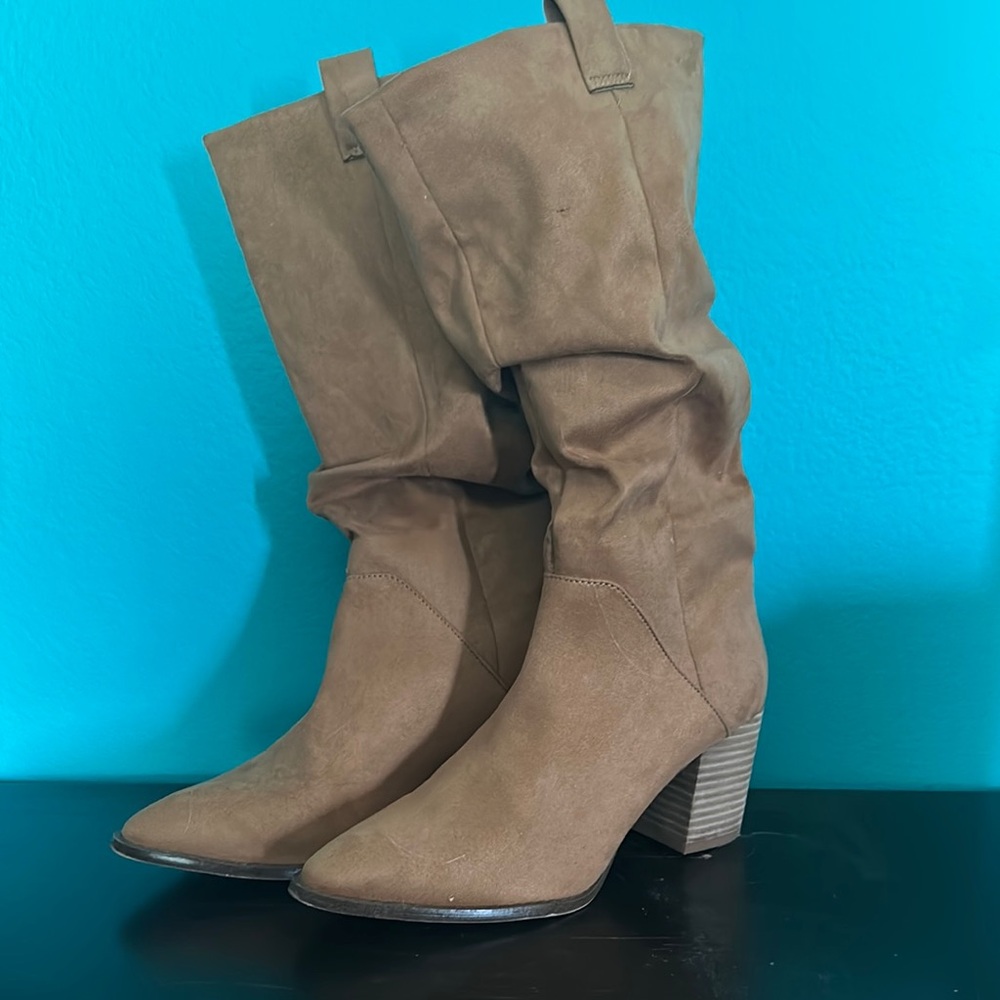 Report Tan Heeled Boots with Slouchy Suede Design